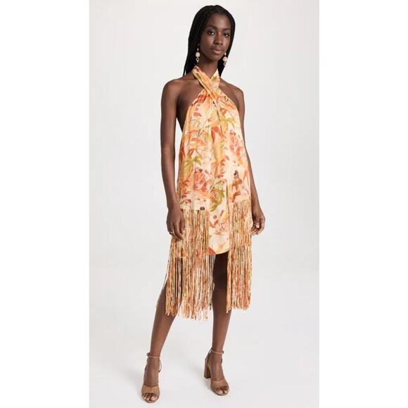 Farm Rio Leopard Forest Sand Mini Dress Multicolor Medium Halter Fringe Hem - Picture 1 of 9
